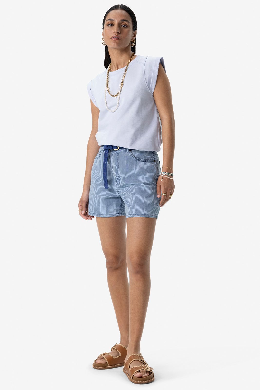 Lichtblauw gestreepte high waist denim shorts