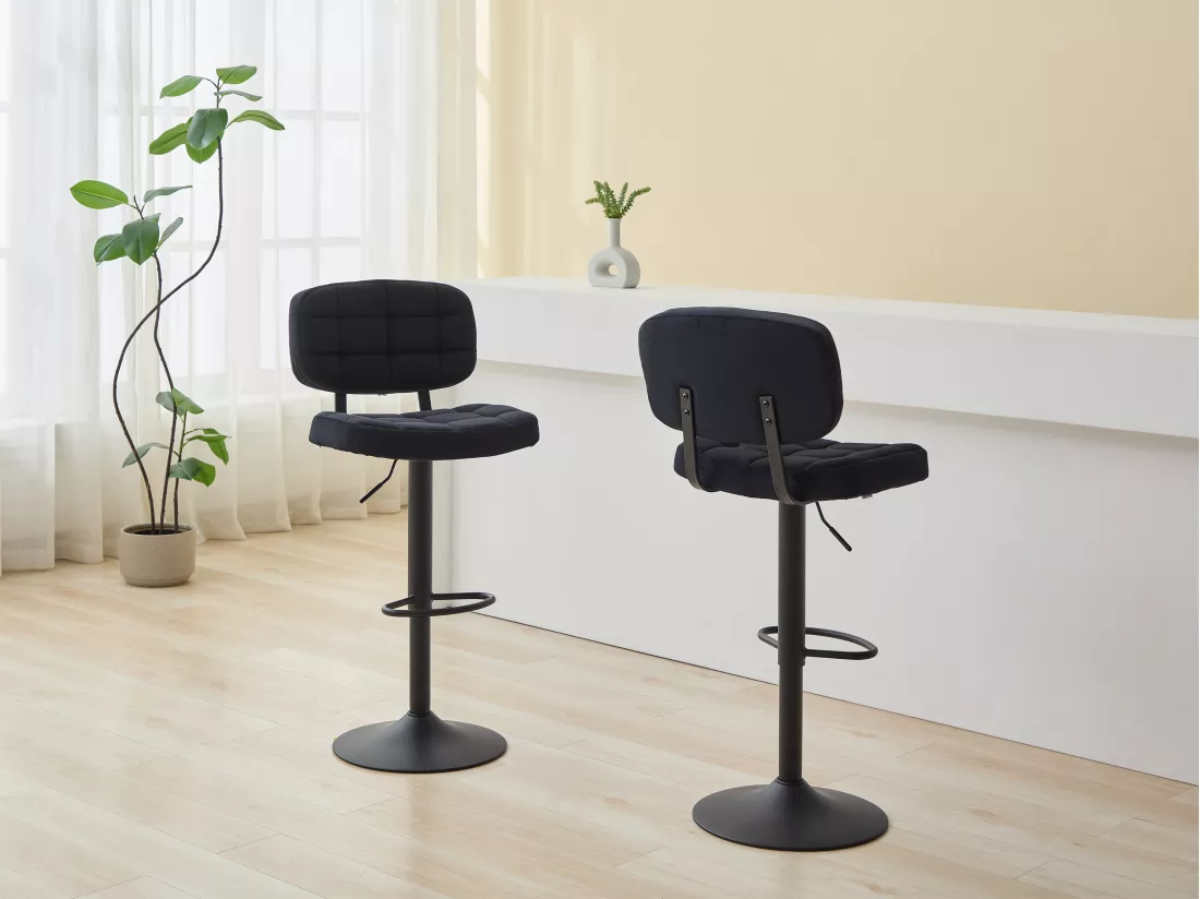Lot de 2 tabourets de bar en velours et métal - Hauteur réglable - Noir - LINARA