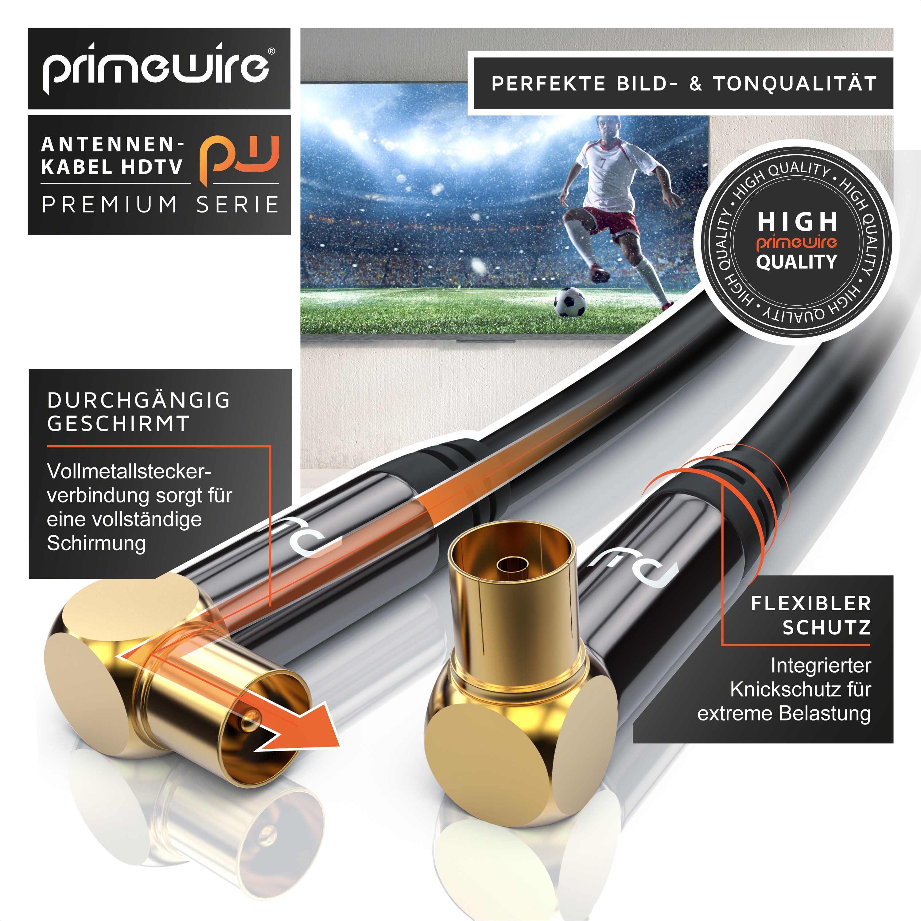 Primewire Antennenkabel 90° gewinkelt, Koax, TV-Kabel, RF, IEC, HDTV, 4-fach Schirmung, 75 Ohm, 120dB - 2m