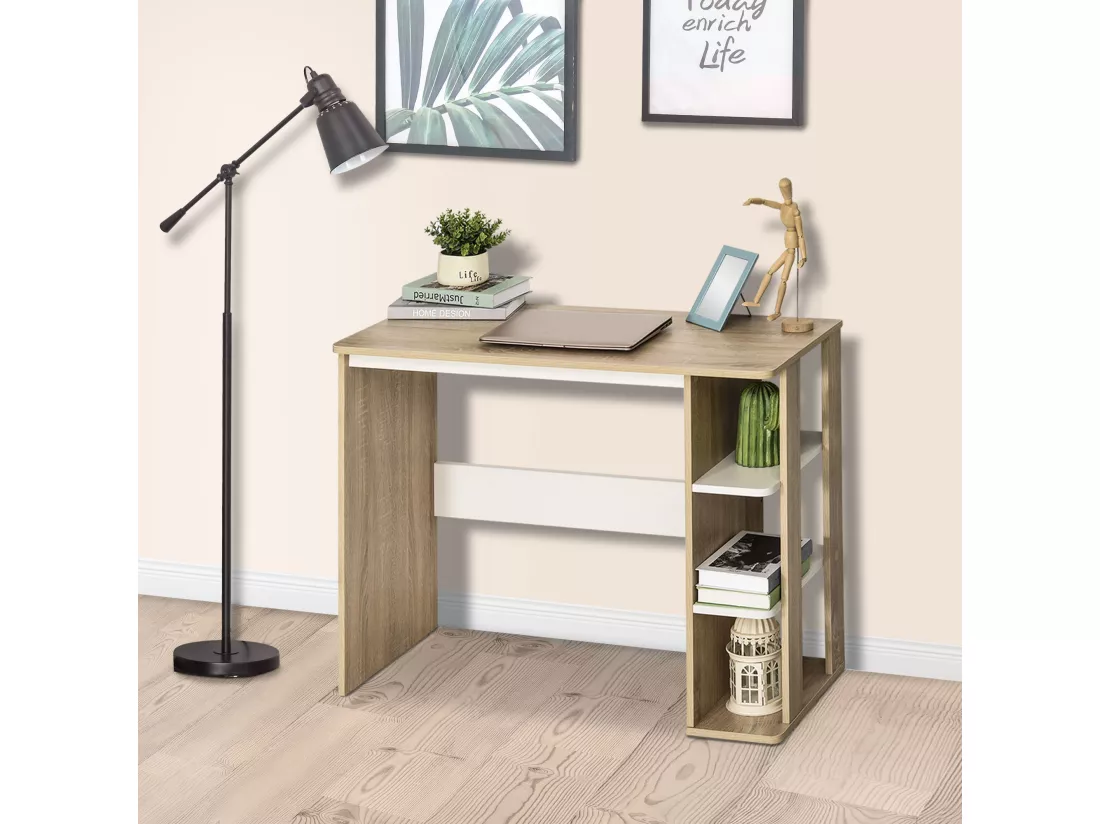 Bureau informatique multimédia dim. 100L x 44l x 74H cm 3 étagères latérales panneaux particules E1 chêne clair blanc