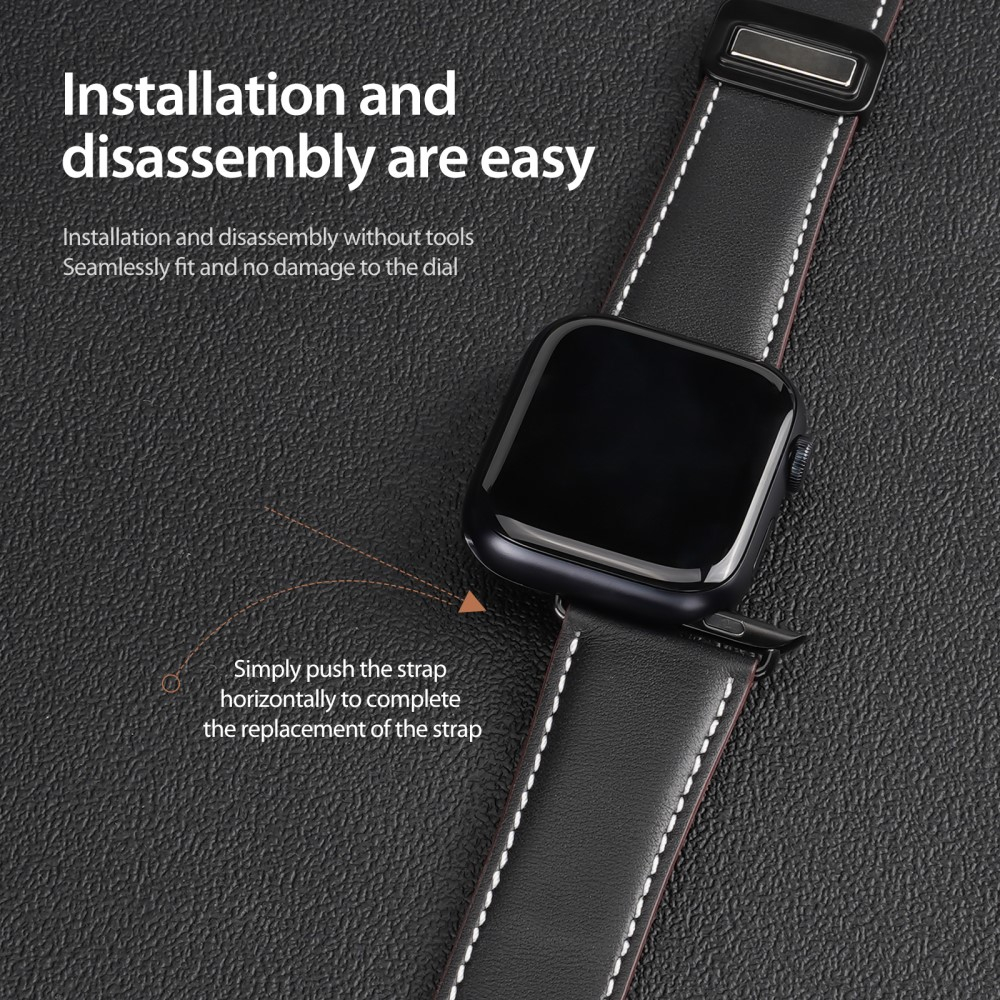 Apple Watch (49/46/45/44 mm) Echtleder Armband mit Magnet-Verschluss (Gelenkumfang 185-245mm) - Schwarz