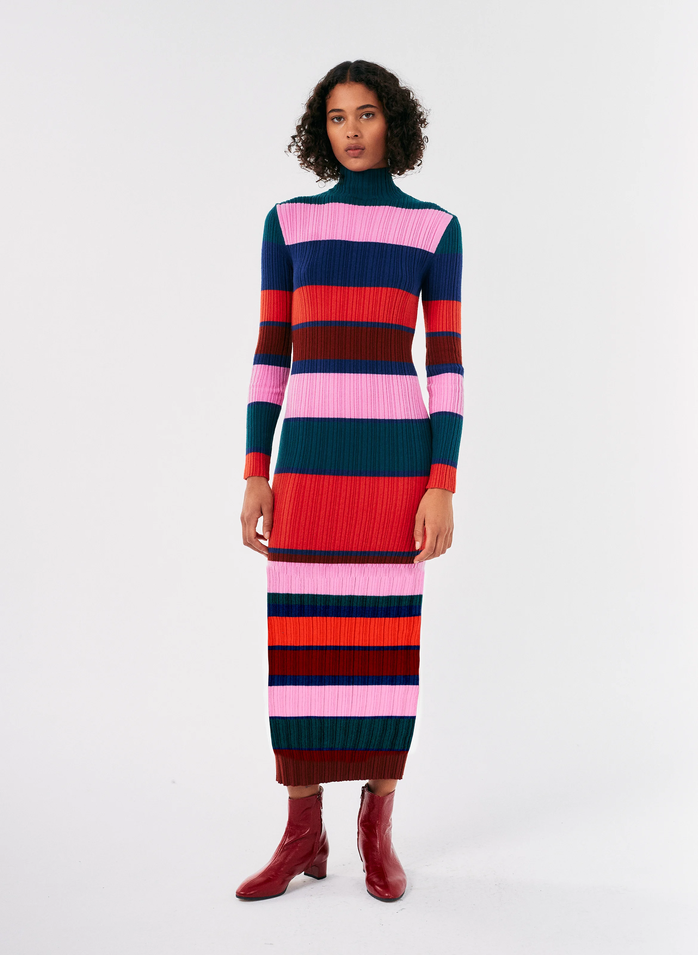 Robe longue col montant à rayures | Multicolore