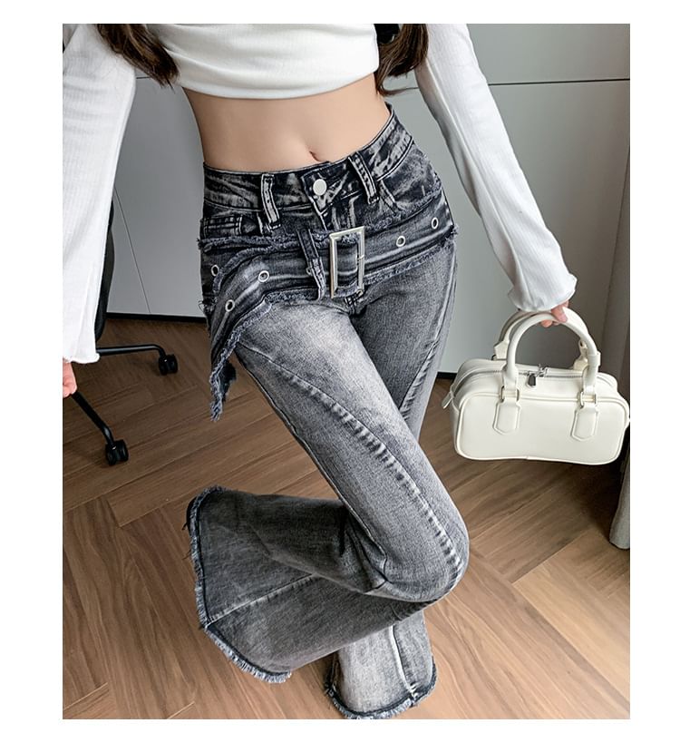 Klevy - Mid Waist Washed Rafled Belted Bell Bottom Jeans