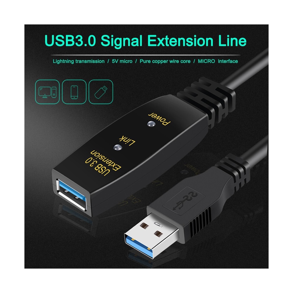 NÖRDIC Active 20m USB3.1 skjøtekabel 5Gbps USB A hann til hunn for Xbox, PS5, Oculus, skriver, skanner, Playstation, VR USB-forlengelseskabel