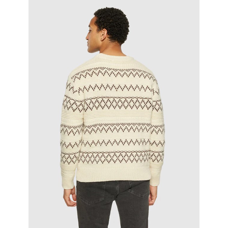 KnowledgeCotton Apparel Knitted Pattern Crew Neck Beige Stripe