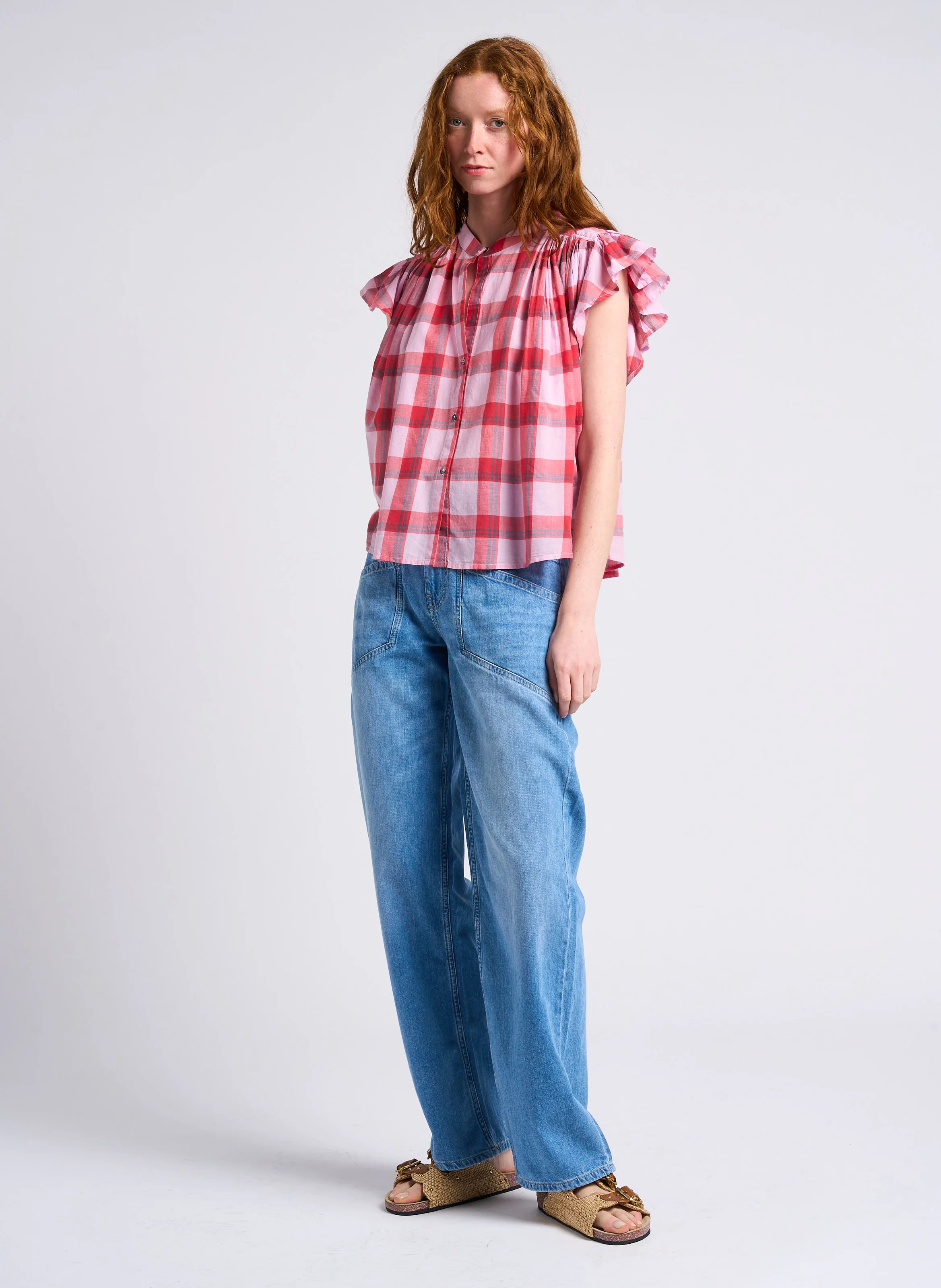 MIMA - Pantalon large taille haute en coton | Bleu