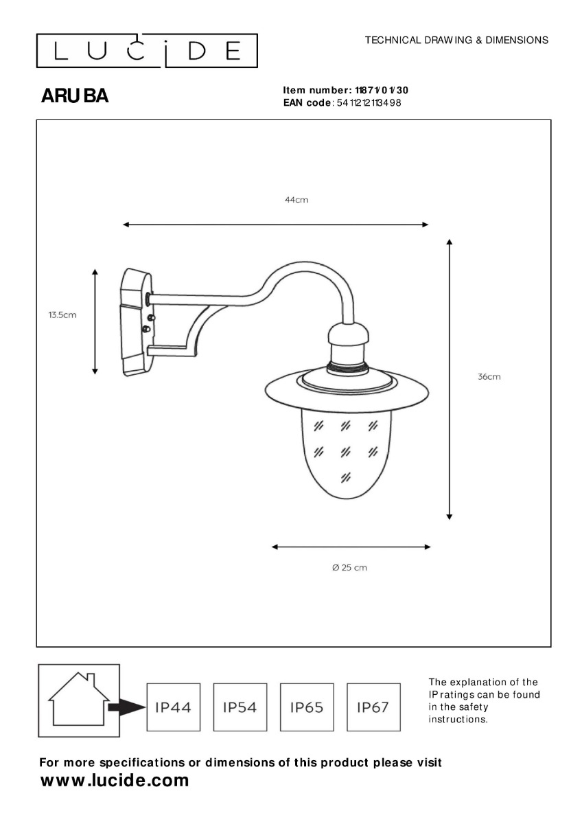 Lucide Aruba wandlamp 60W 45x35cm zwart