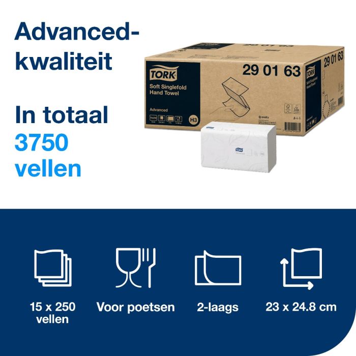 Tork 290163 H3 Z gevouwen papieren handdoeken Advanced H3 groot zacht 2laags wit (290163)