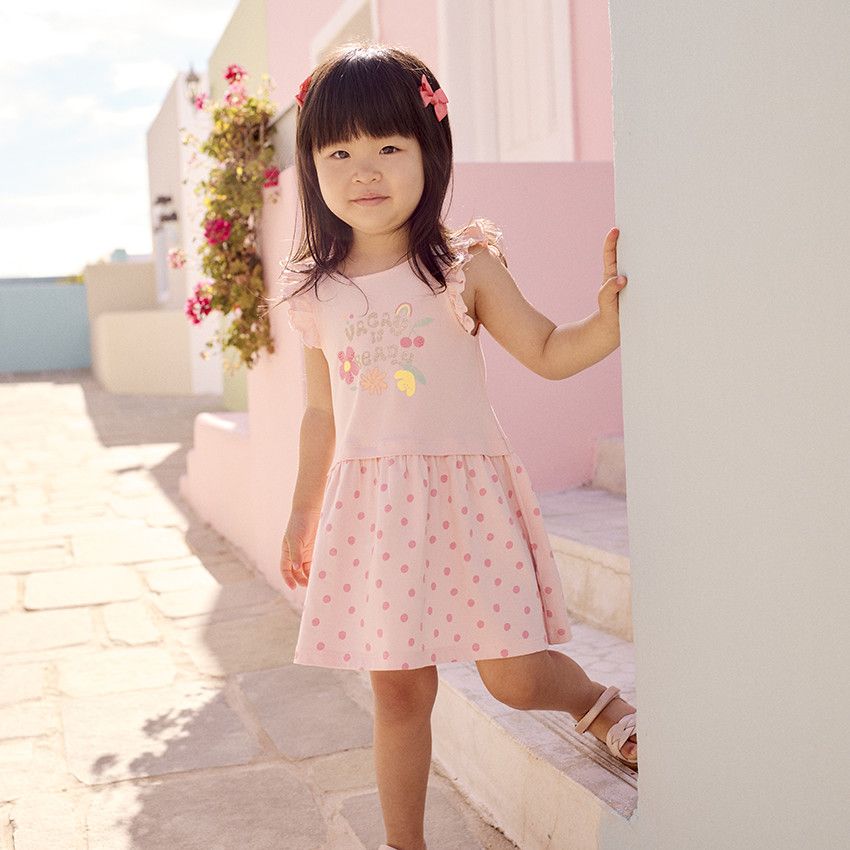 Robe manches courtes volantées effet 2 en 1 pour bébé fille - Rose