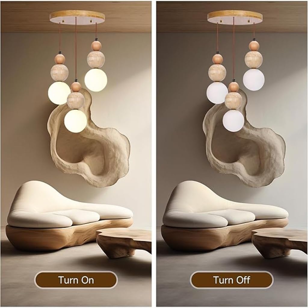 Wabi Sabi 3-Licht Pendelleuchte Travertin Stein Einbau Japandi Japanischer Nordischer Stil Sphärische Holz Kronleuchter Für Kücheninseln Esszimmer Wohnzimmer(A)