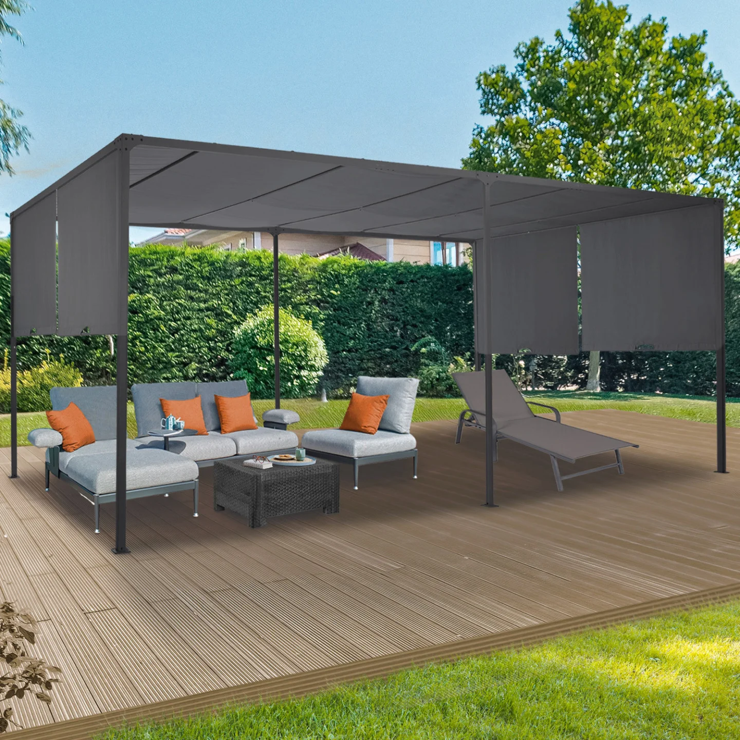 Pergola coulissante 2 pans 3x6 M belvédère de jardin toile gris anthracite
