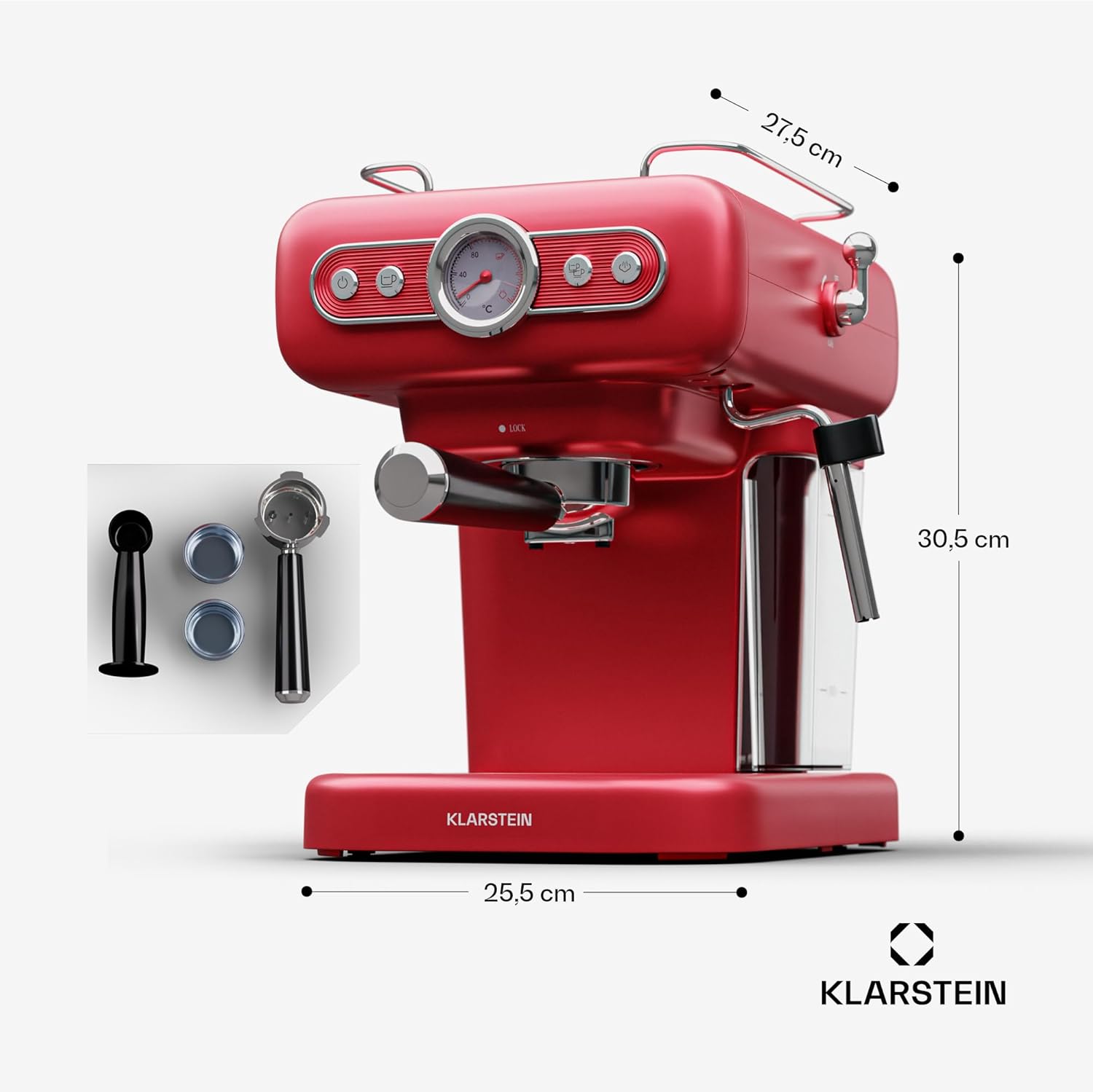Klarstein Espresso Siebträgermaschine mit Milchaufschäumer, 1,2L Retro Mini-Espressomaschine mit Siebträger, 950 W Kaffeemaschine Klein, Edelstahl für Cappuccino, Latte & Macchiato