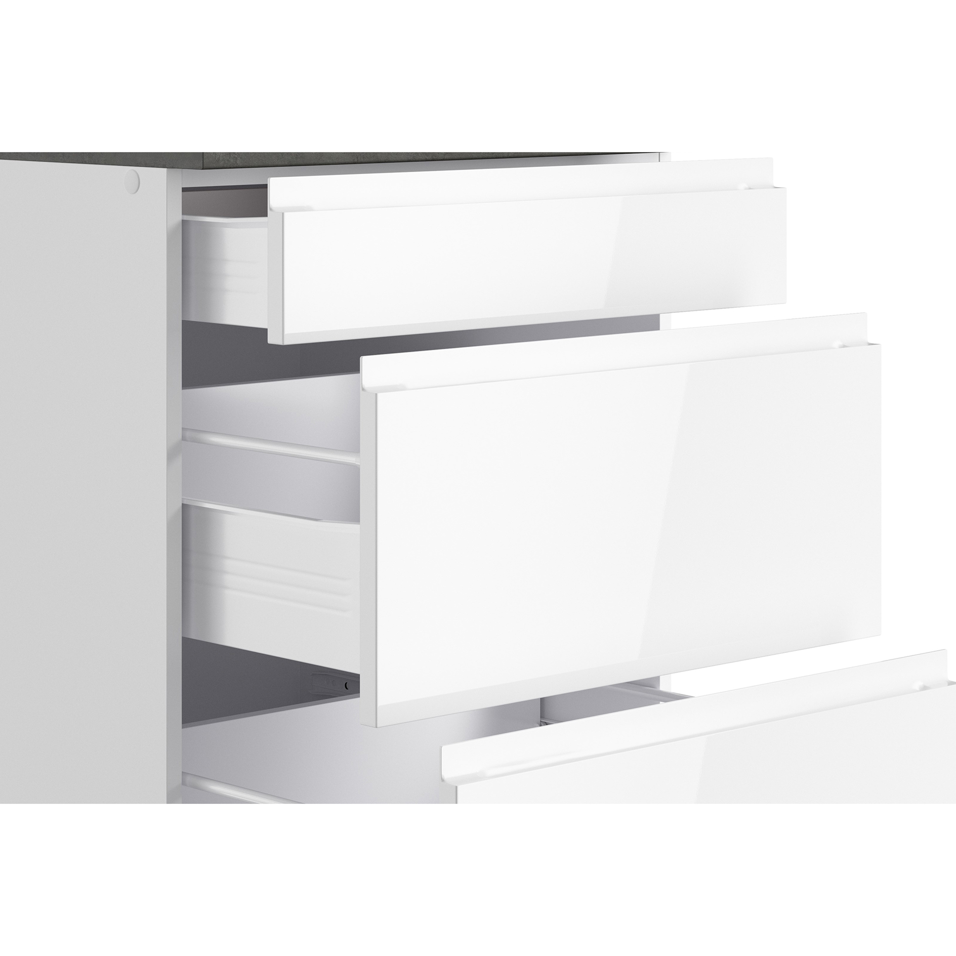 Küchenblock MONZA - weiß Hochglanz - Beton-Optik - mit E-Geräten - Induktionskochfeld - 360 cm