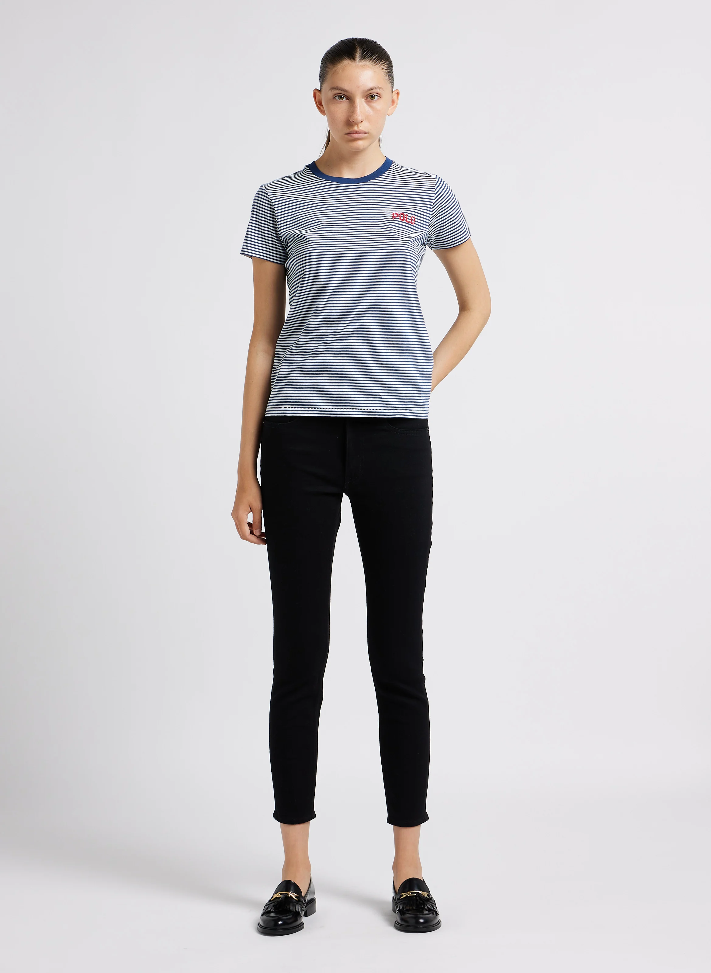 Tee-shirt col rond rayé en coton | Bleu