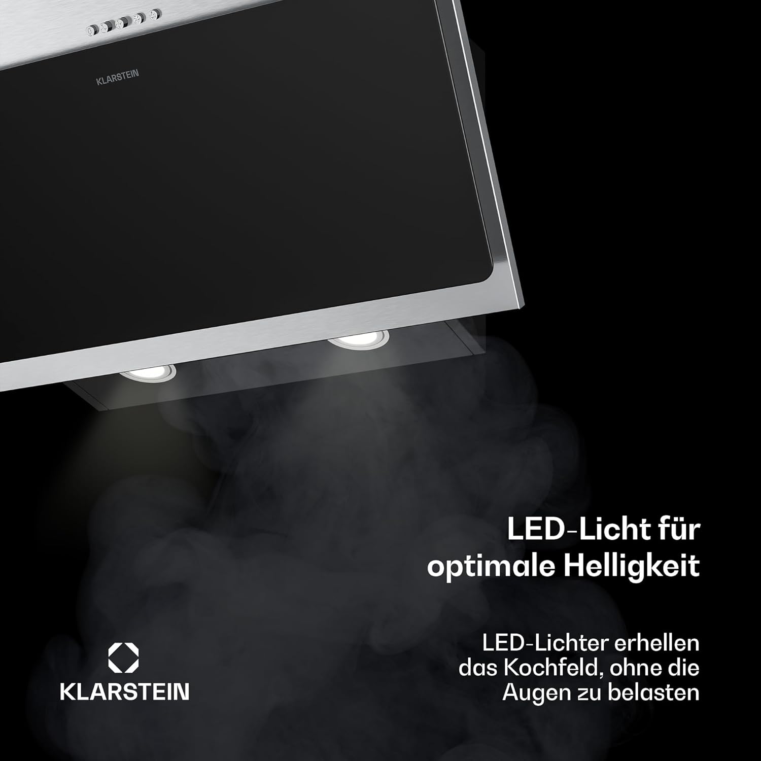 Klarstein Alessia Kopffreihaube - 60cm Abzugshaube, Edelstahl & Schwarzglas, 404 m³/h, A+++ Energieeffizienz, LED-Beleuchtung, 3+Boost Stufen, Umluft & Abluft, Dunstabzugshaube Küche
