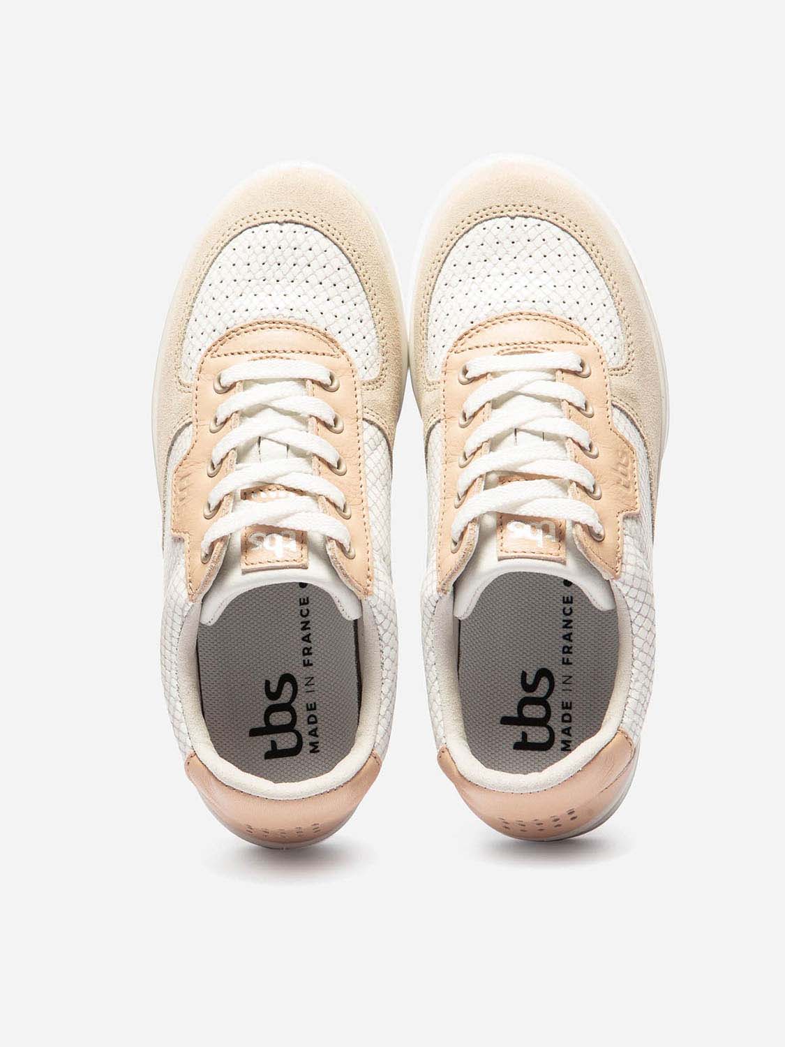 Baskets Femme Fabriquées en France Dessus Cuir Beige et Blanc