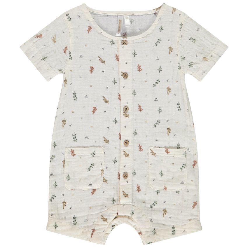 Combishort en double gaze imprimé feuilles pour bébé - Ecru