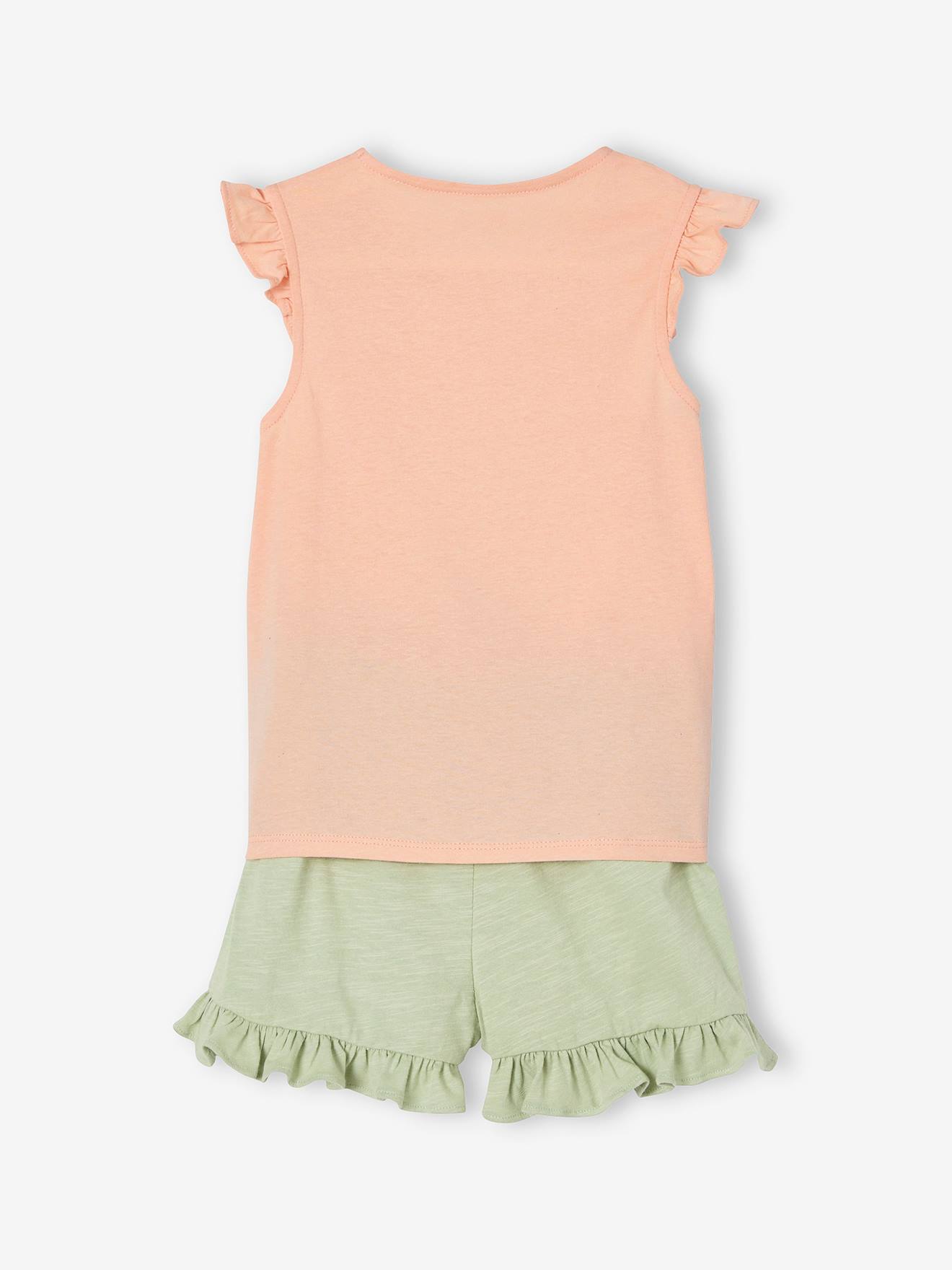 Conjunto com camiseta com detalhe de amarração e babados e shorts coral.