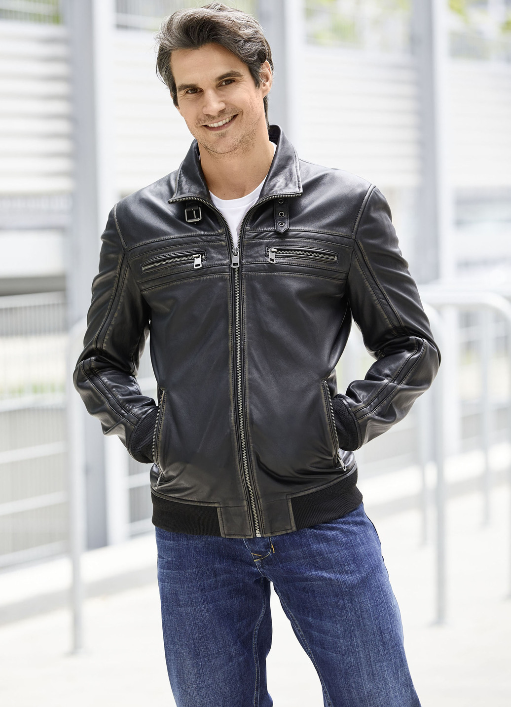 Lederblouson mit Steh-Umlegekragen