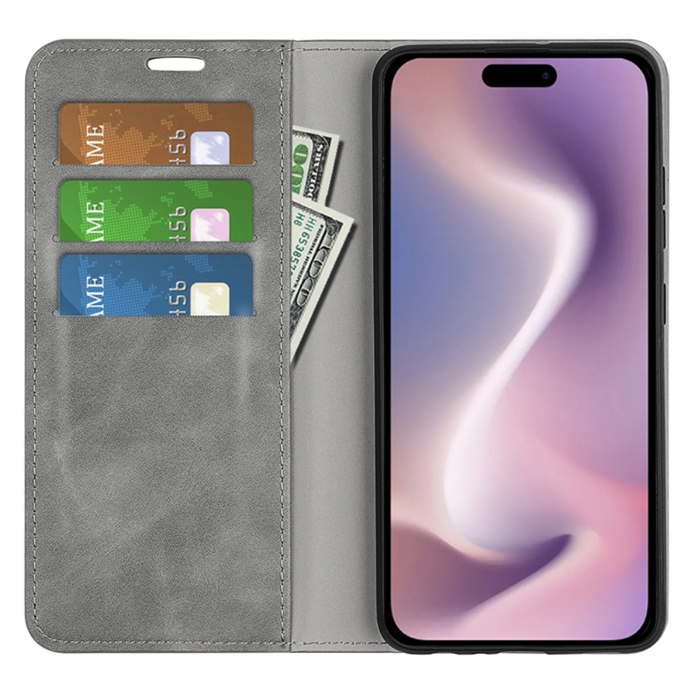 iPhone 16 Pro Vintage Leder Tasche Flip Cover Fashion Design - Grau