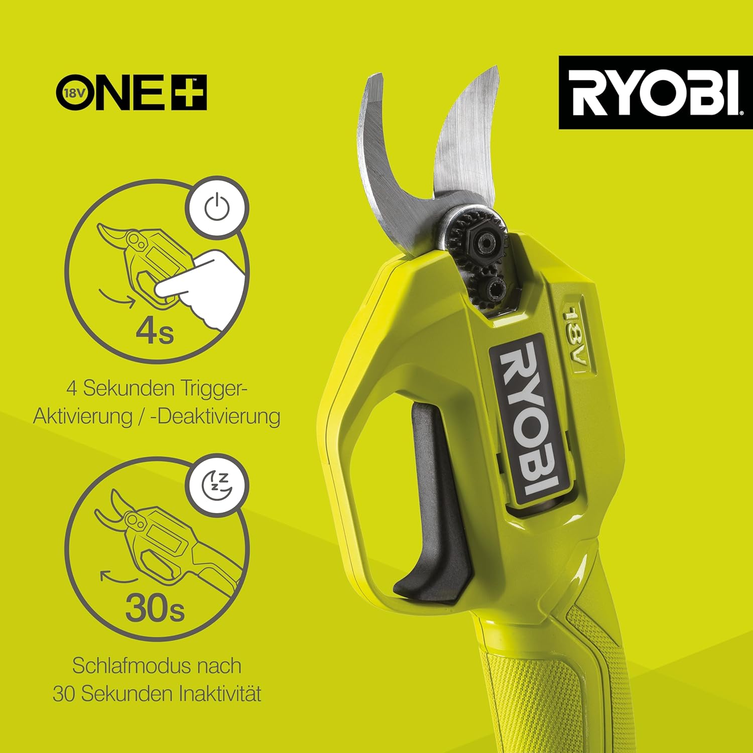 RYOBI 18 V ONE+ Akku-Gartenschere RY18SCA-0 (25 mm Schnittkapazität, 2,5 Sekunden für einen Schnittvorgang, SK5-Stahlklingen, ohne Akku und Ladegerät)