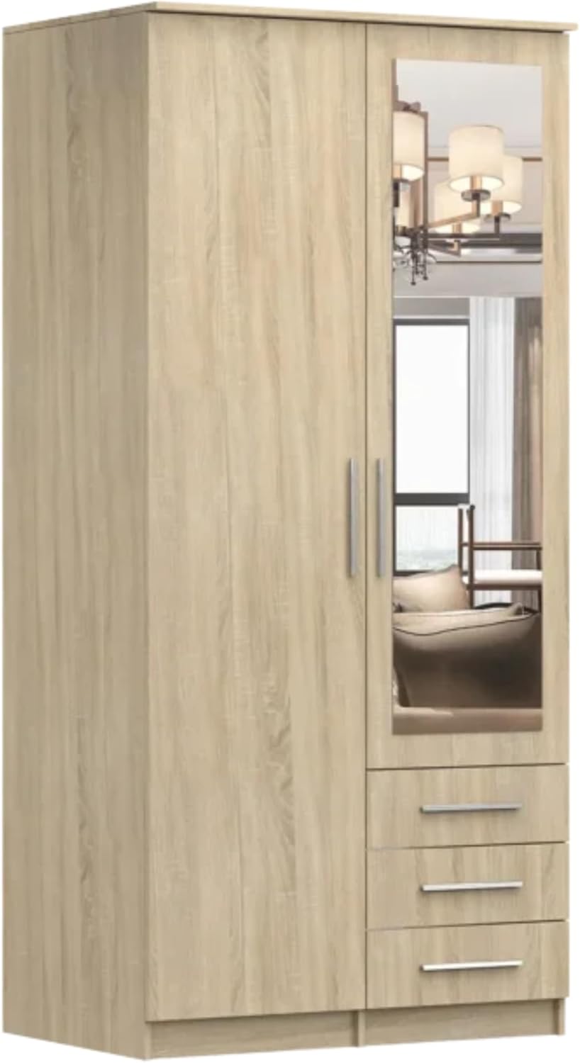 Fabryka Mebli Idźczak Kleiderschrank mit Spiegel, 2 Türen, 3 Schubladen - Drehtürenschrank - Schlafzimmerschrank - 61 x 100 x 207 cm - Wohnzimmerschrank - Garderobenschrank, Sonoma Schrank