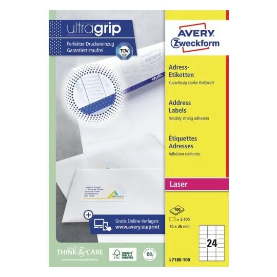 Etiketter Avery 70x36 mm hvid med Ultragrip - (100 ark x 24 stk.)