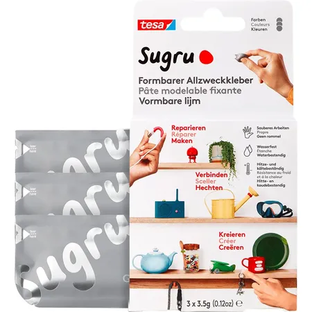 tesa Sugru by tesa - Formbarer Allzweckkleber, 3er-Pack, 3 x 3,5 g, Grau