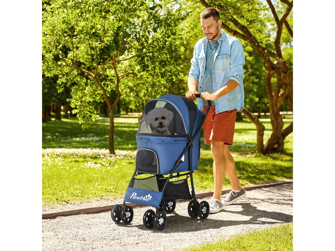 Poussette pliable pour chien chat - 4 roues doubles, 2 freins, attache, coussin inclus - acier Oxford bleu
