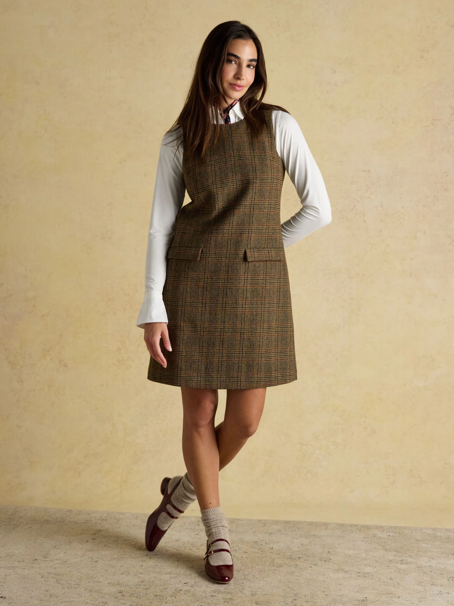 Joules Edwina Mouwloze shiftjurk van tweed wolblend met ronde hals