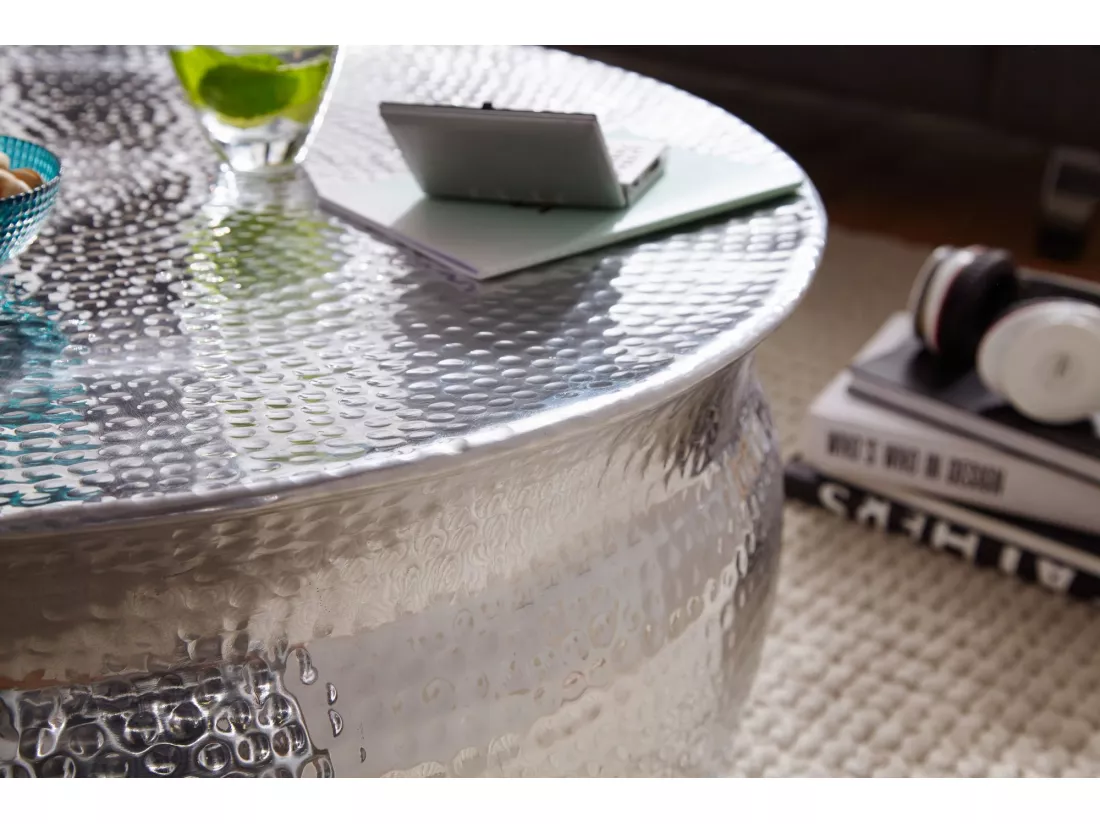 Table Basse Karam 75X31X75Cm Aluminium Table D'Appoint En Argent Oriental Rond | Table