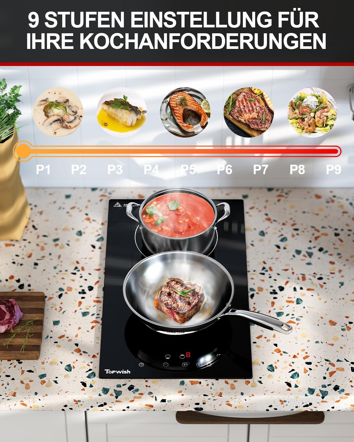 Induktionskochfeld 30cm, Induktions Herdplatte 2 kochfelder, Induktionskochfeld 2 Platten, Induktionskochplatte, Induktionsfeld mit Kindersicherung, Timer, Restwärmeanzeige & Boost-Funktion