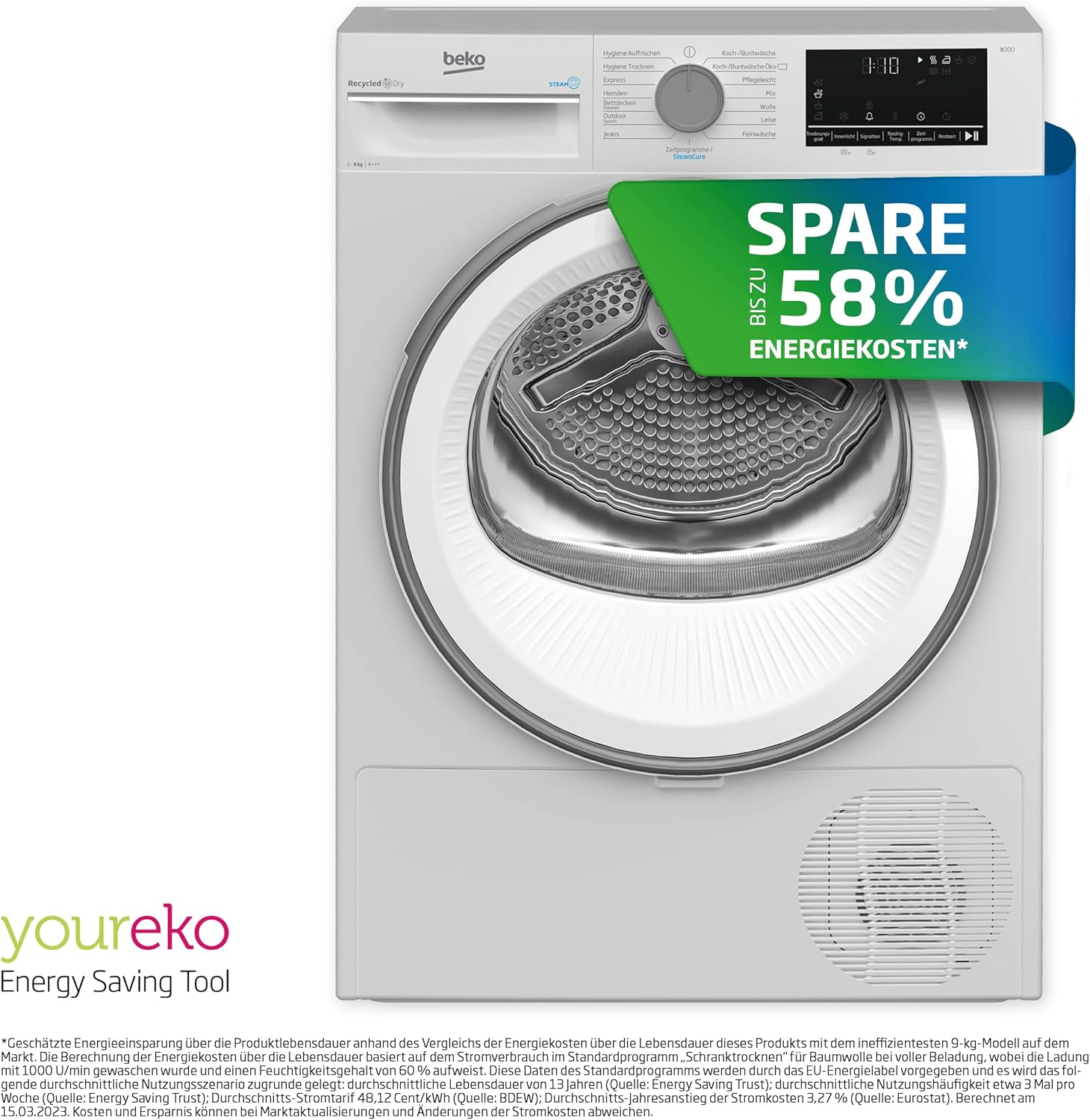 Beko B3T32491 Wäschetrockner, 9 kg, Frontlader Wärmepumpentrockner, 15 Programme, Sensortrocknung, Dampffunktion, Silent-Programm, Allergikergeeignet, Säulenfähig, Aquawave Schontrommel, Weiß