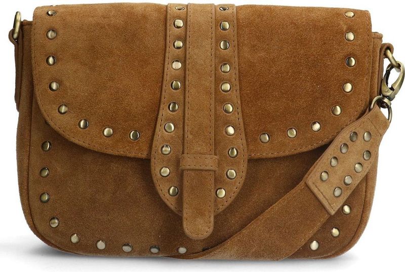 Manfield - Cognac Suède Schoudertas - Bruin - Gouden Noppen