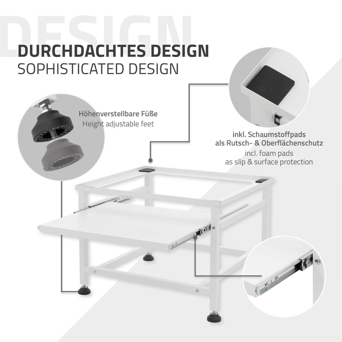 ML-Design wasmachineonderstel met uitschuifplank, wit, 62,5x53,5x45 cm, van staal, tot 150 kg, in hoogte verstelbare poten, wasmachineonderstel, drogeronderstel, onderkastverhoger