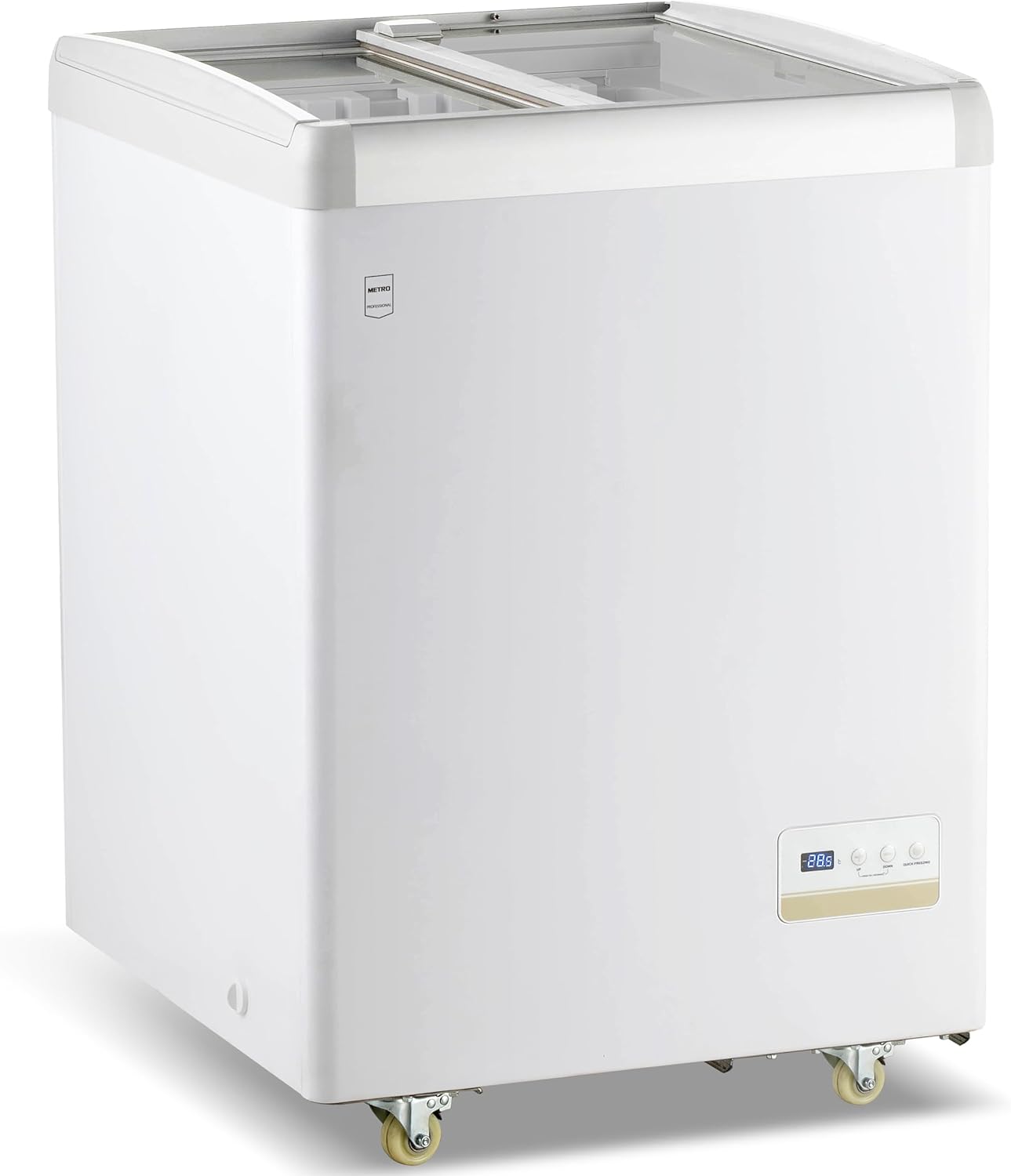 METRO Professional Tiefkühlvitrine GICC1108, 120 L, Tiefkühltruhe mit Glasschiebetür, 2 Ablagekörbe, Türschloss, Temperaturalarm, Rollen, Weiß