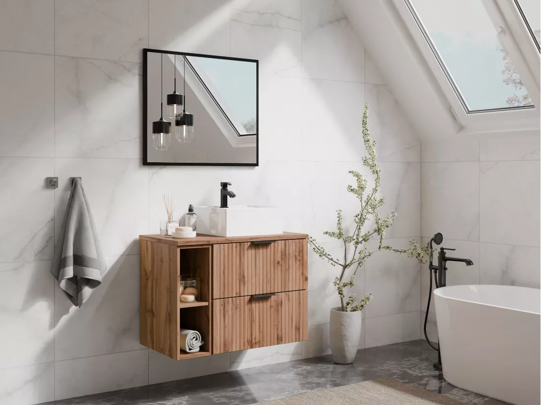 Meuble de salle de bain suspendu strié avec niches et vasque à poser carrée - Naturel clair - L80 cm - ZEVARA