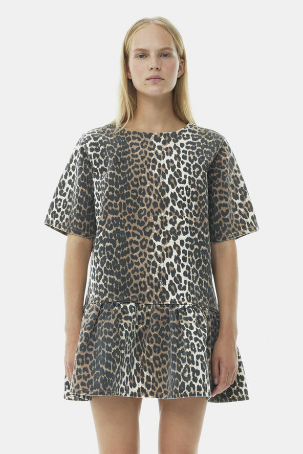 Ganni Print Denim Open-back Mini Dress Leopard