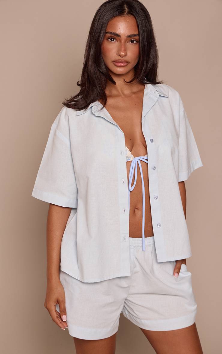Bleu Layette Short Fluide Petite Taille Élastiquée Aspect Lin Ensemble Coordonné