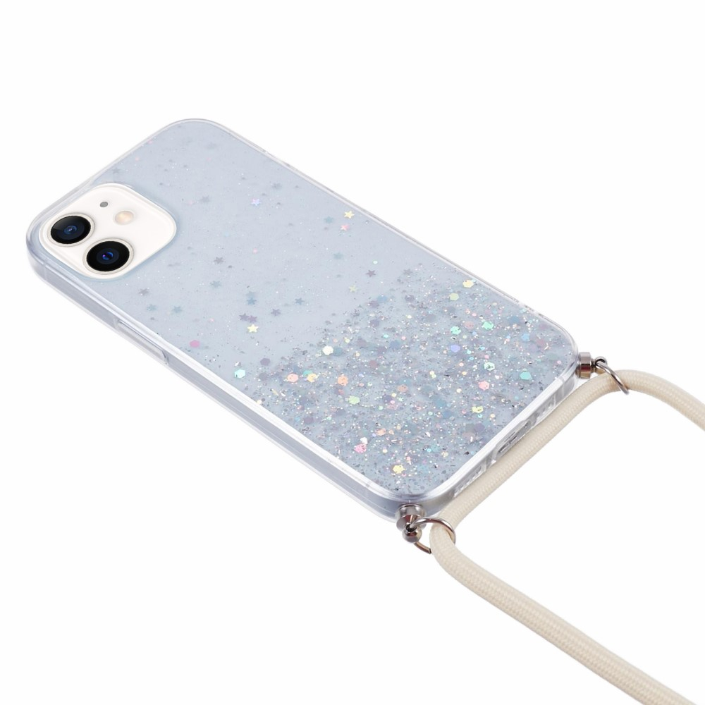 iPhone 12 / iPhone 12 Pro Necklace Gummi Hülle im Glitzer Design   Handykette (140cm) - Weiss / Transparent