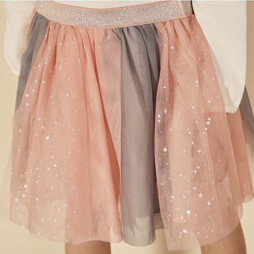 Robe bi-matière effet 2 en 1 avec tulle bicolore pour fille - Ecru