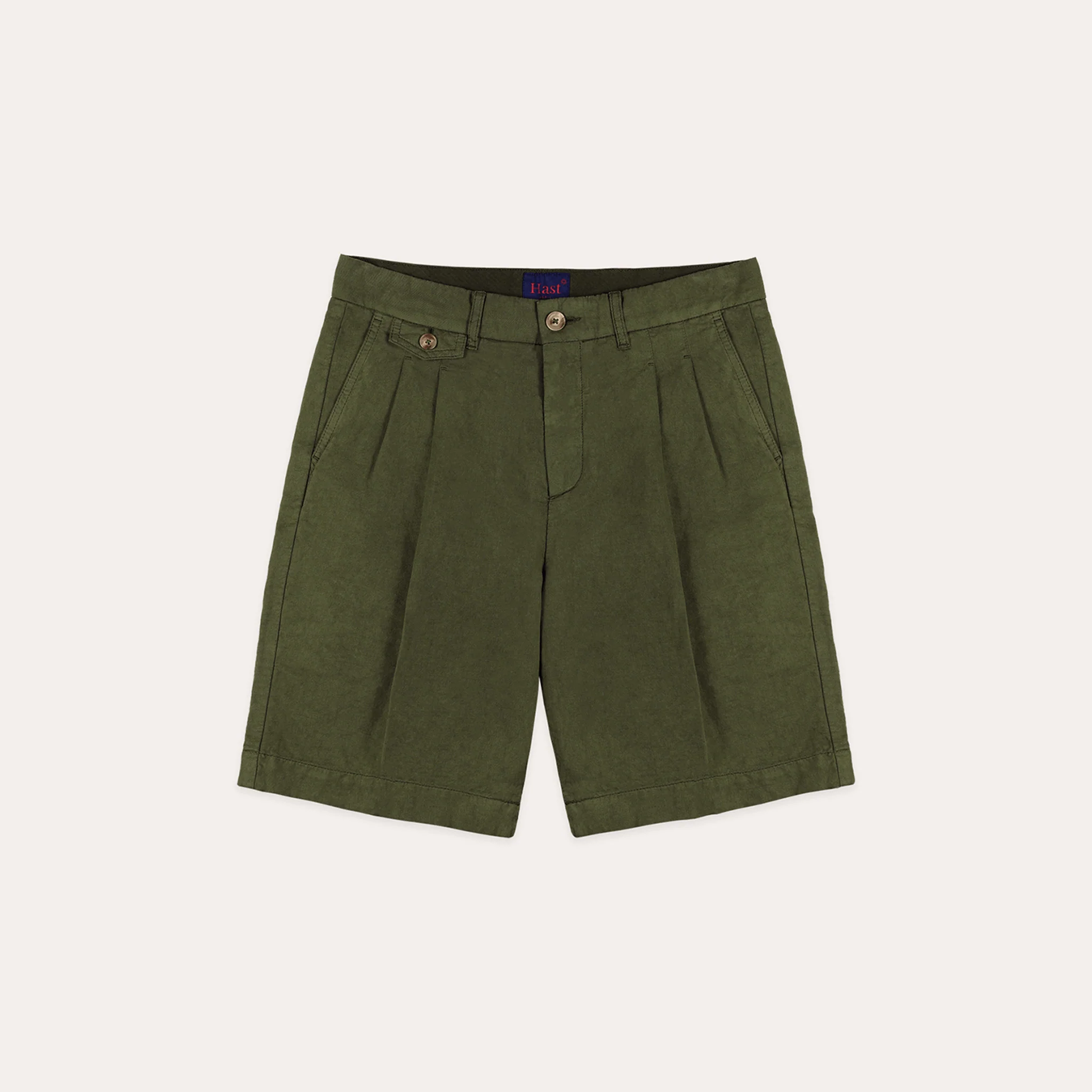 Khaki cotton and linen double-pleated shorts