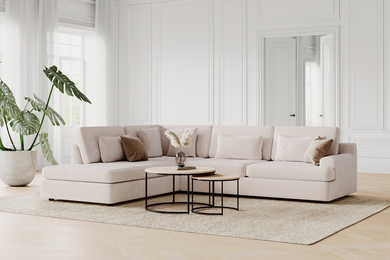 Roma hjørnesofa 3-seter med åpen ende venstre. Tekstil Raven 24 Light Beige med sorte ben