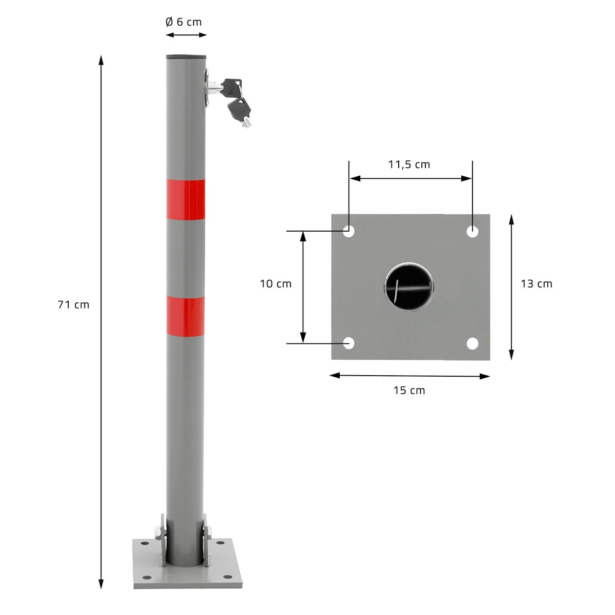 ECD Germany 4x Opvouwbare parkeerbeugel, rond, 71 cm, stalen parkeerpaal, 3 sleutels, antraciet met rode waarschuwingsstrepen, paal, parkeerbeugel, parkeerpaal, paal, standaard