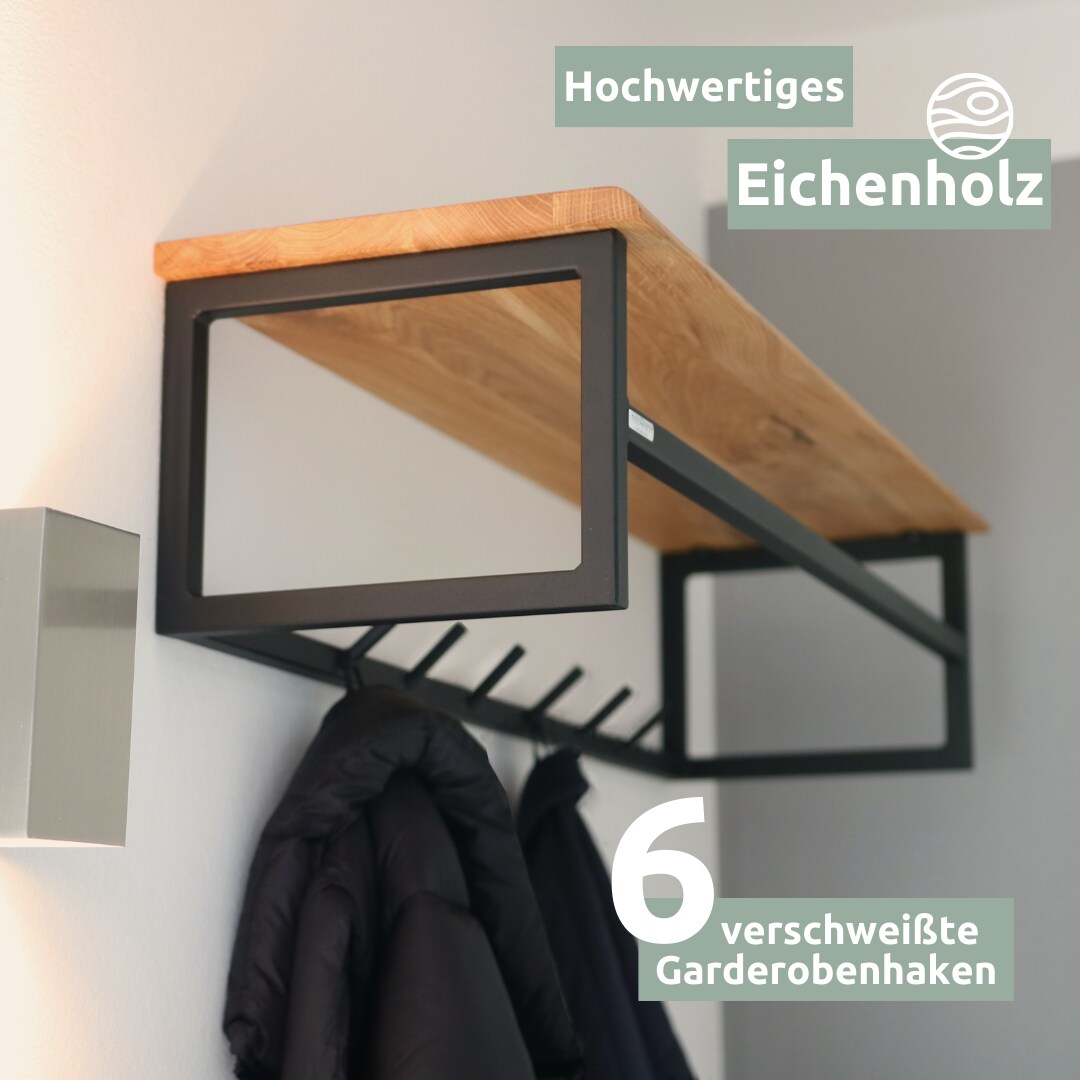 holz4home® Wandgarderobe mit Ablage aus Eiche und Metall - Kleidergarderobe Flur | mit Baumkante