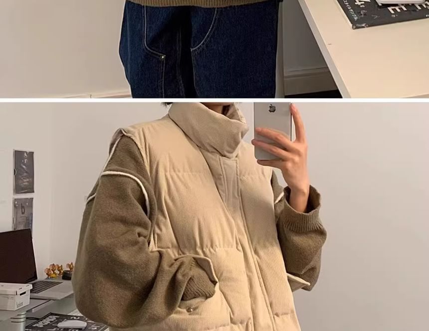 Real Boy - Corduroy opstaande kraag effen gewatteerd vest met rits en knopen