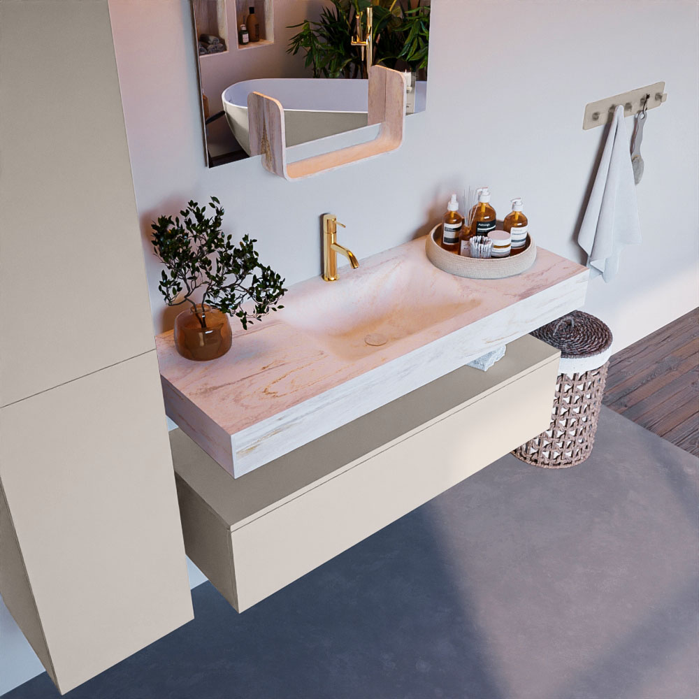 SCHADEMODEL: Mondiaz Alan DLux badmeubel 120cm linen 1 lade met wastafel ostra midden 1 kraangat
