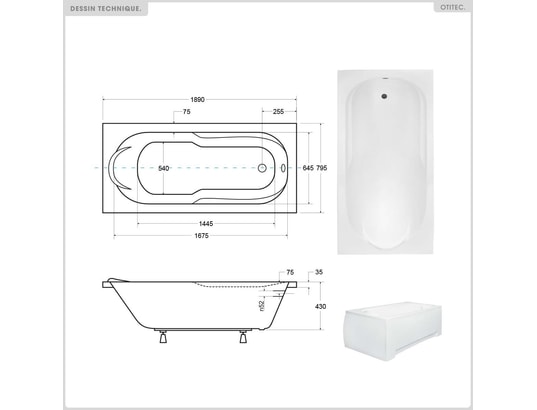 OTITEC - Baignoire rectangulaire - 190 x 80 cm - sans habillage - ave...