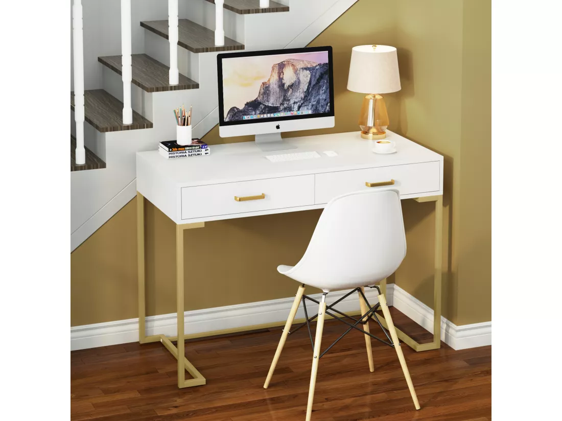 Tribesigns Bureau d'ordinateur, 100 cm Bureau avec Rangement, Table de Bureau, Simple et Moderne, Cadre en méta pour Bureau, Chambre, Blanc/Doré