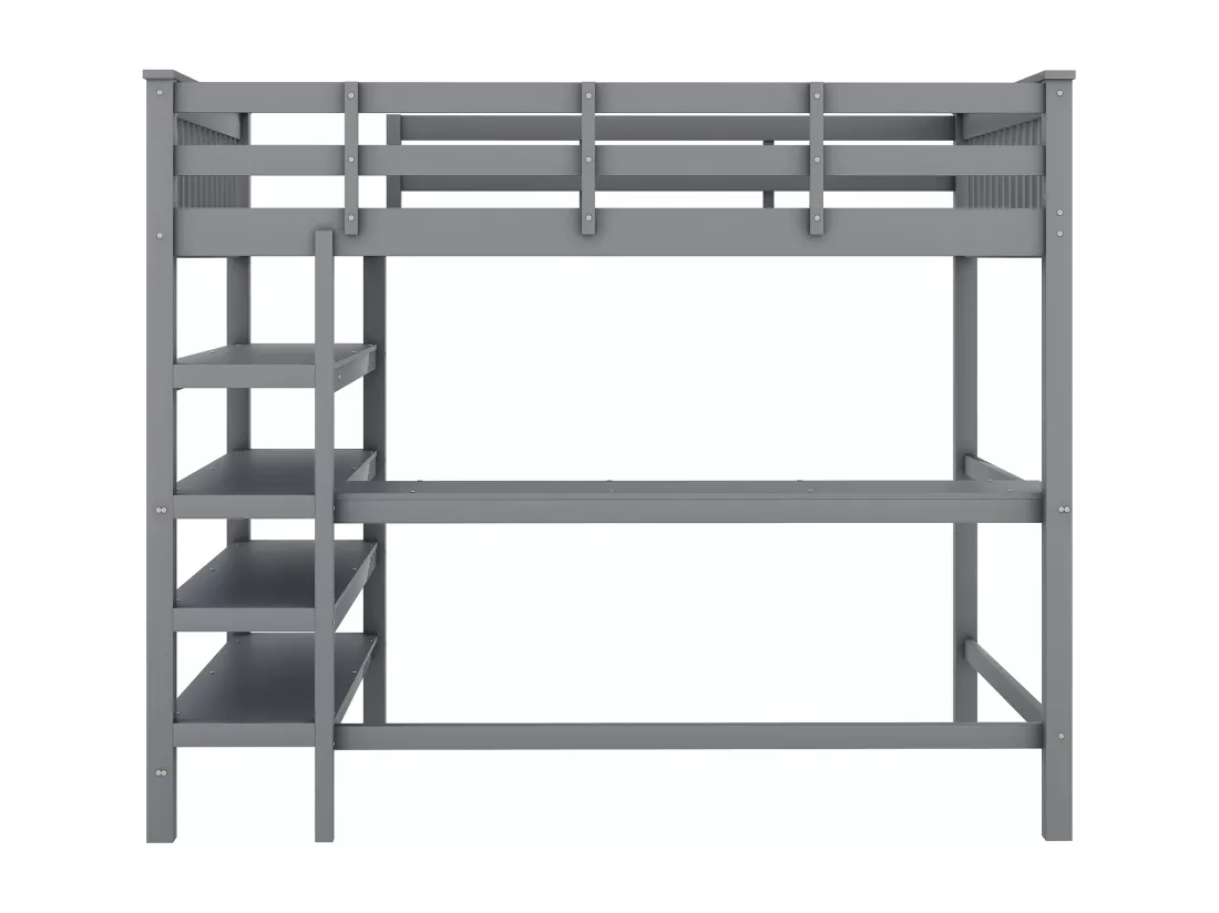 Lit mezzanine 140 x 200 cm avec bureau et étagères de rangement - Bois de pin + MDF - Gris